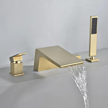 Waterfall Deck-Mount Roman Tub Faucet with Handshower in Brushed Gold